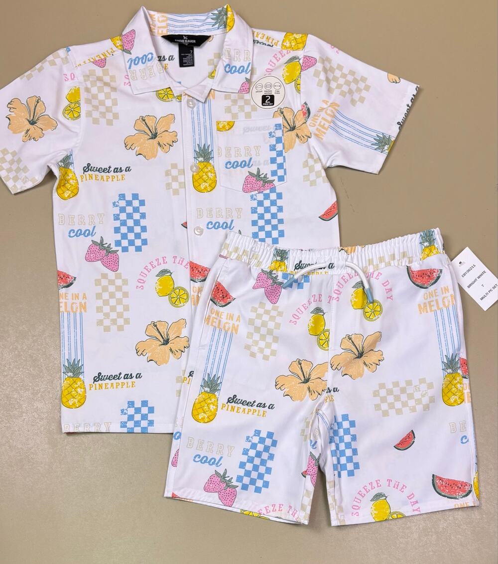 Eddie Bauer Kids 2 Piece Shirt Shorts Set Size 7 Tropical Fruit Print NWT